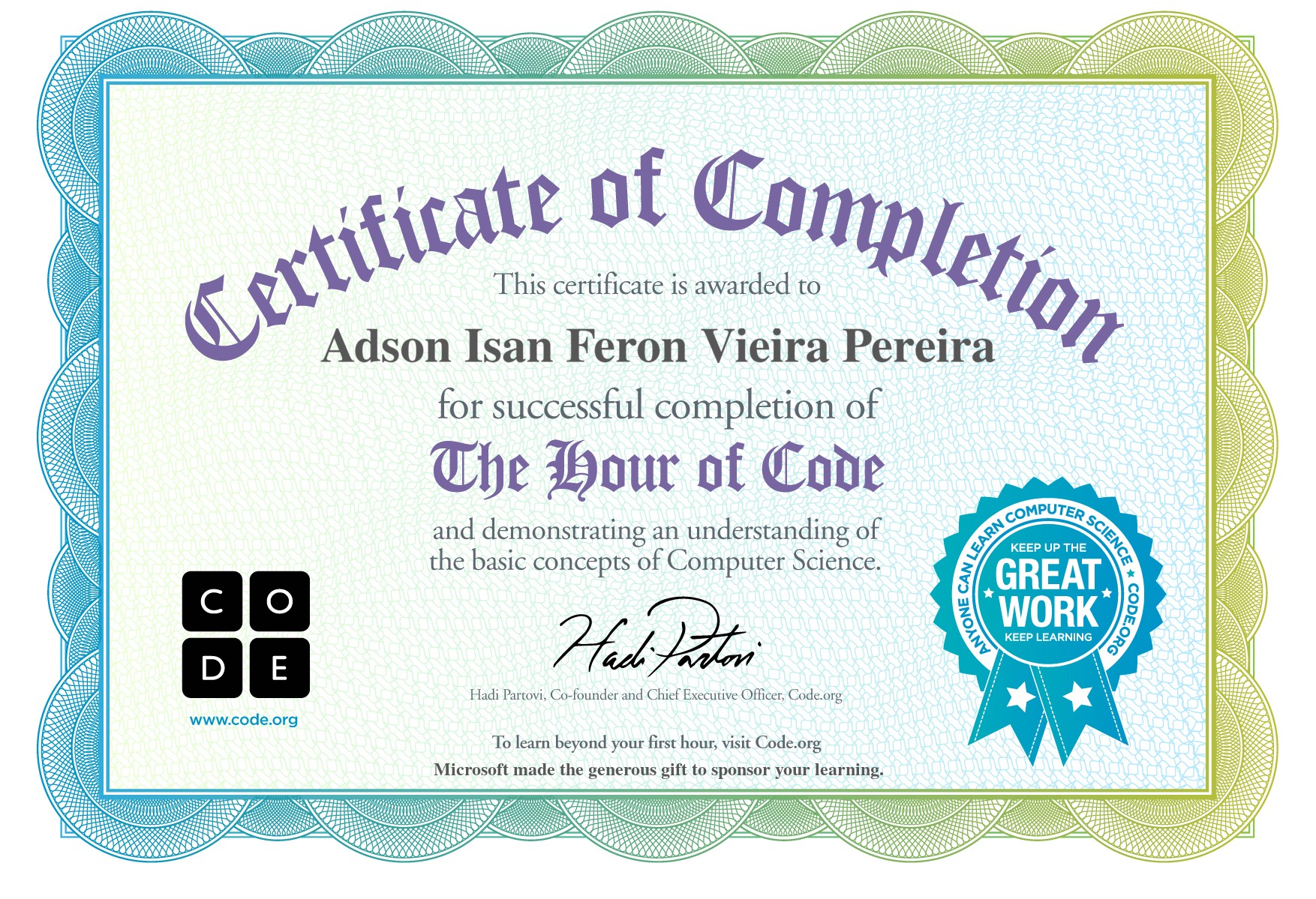 Certificado Code.org — The Hour of Code